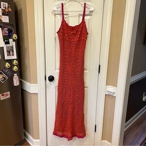 Vintage Crochet Orange Pink Maxi Dress Beach Vacation Tropical Resortwear Medium